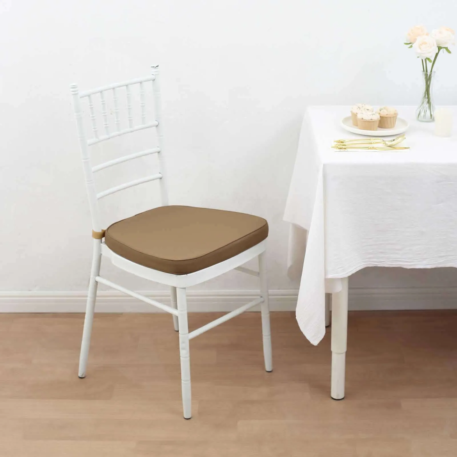1.5" Thick Taupe Chiavari Chair Pad, Memory Foam Seat Cushion With Ties and Removable Cover