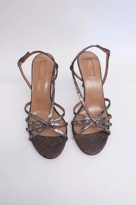 Aquazzura Paradis 85 Sandals Sequined Glitter Lame Size 39 Slingback Heel NEW