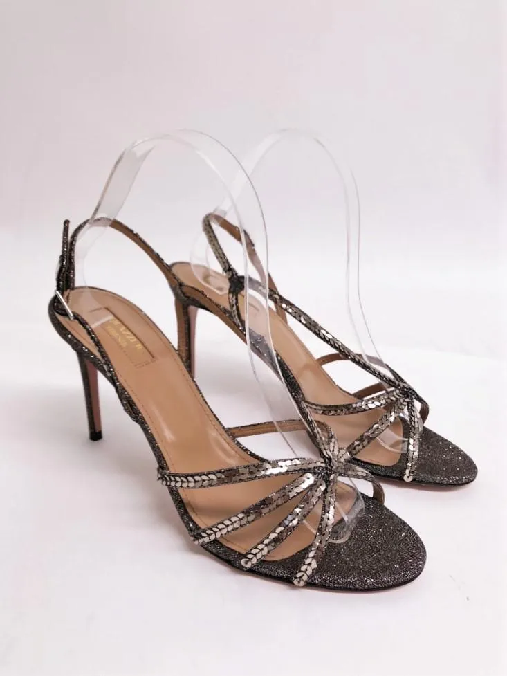 Aquazzura Paradis 85 Sandals Sequined Glitter Lame Size 39 Slingback Heel NEW