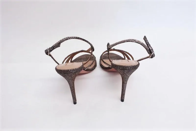 Aquazzura Paradis 85 Sandals Sequined Glitter Lame Size 39 Slingback Heel NEW