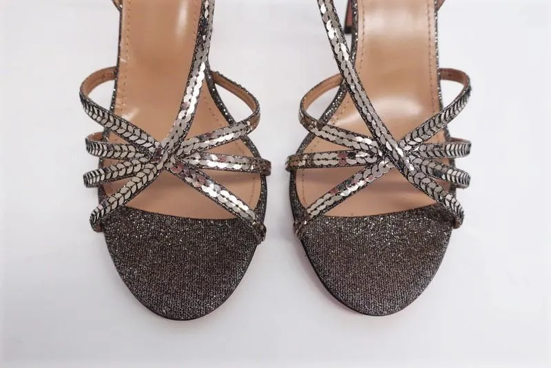Aquazzura Paradis 85 Sandals Sequined Glitter Lame Size 39 Slingback Heel NEW