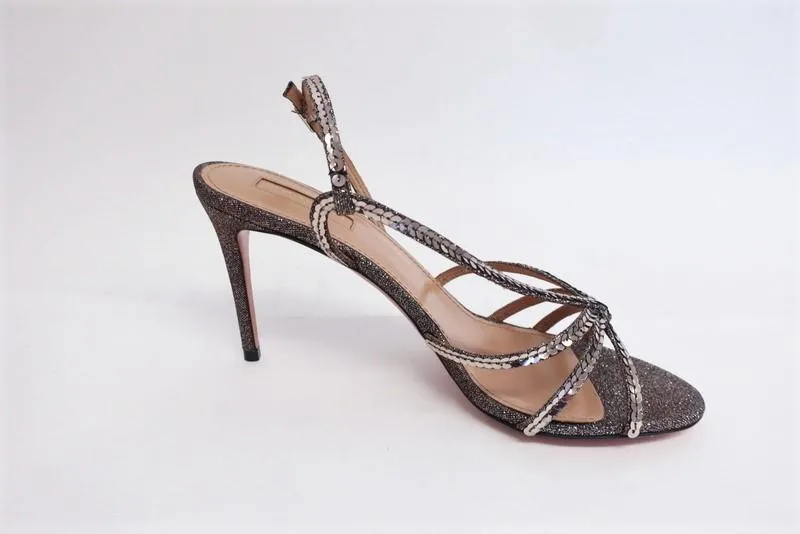 Aquazzura Paradis 85 Sandals Sequined Glitter Lame Size 39 Slingback Heel NEW