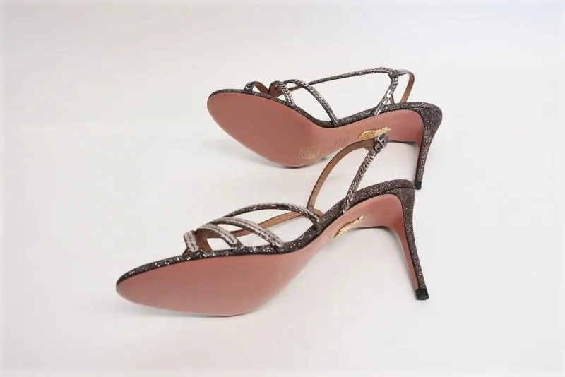 Aquazzura Paradis 85 Sandals Sequined Glitter Lame Size 39 Slingback Heel NEW