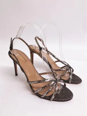 Aquazzura Paradis 85 Sandals Sequined Glitter Lame Size 39 Slingback Heel NEW