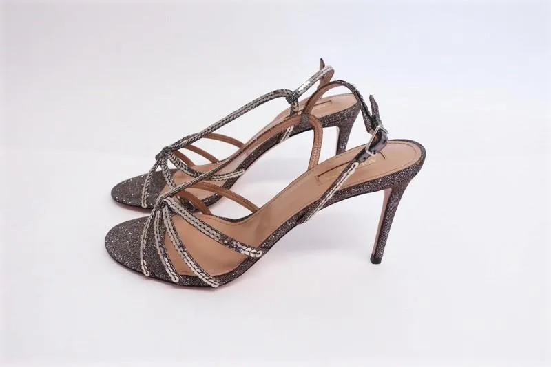 Aquazzura Paradis 85 Sandals Sequined Glitter Lame Size 39 Slingback Heel NEW