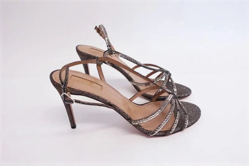 Aquazzura Paradis 85 Sandals Sequined Glitter Lame Size 39 Slingback Heel NEW