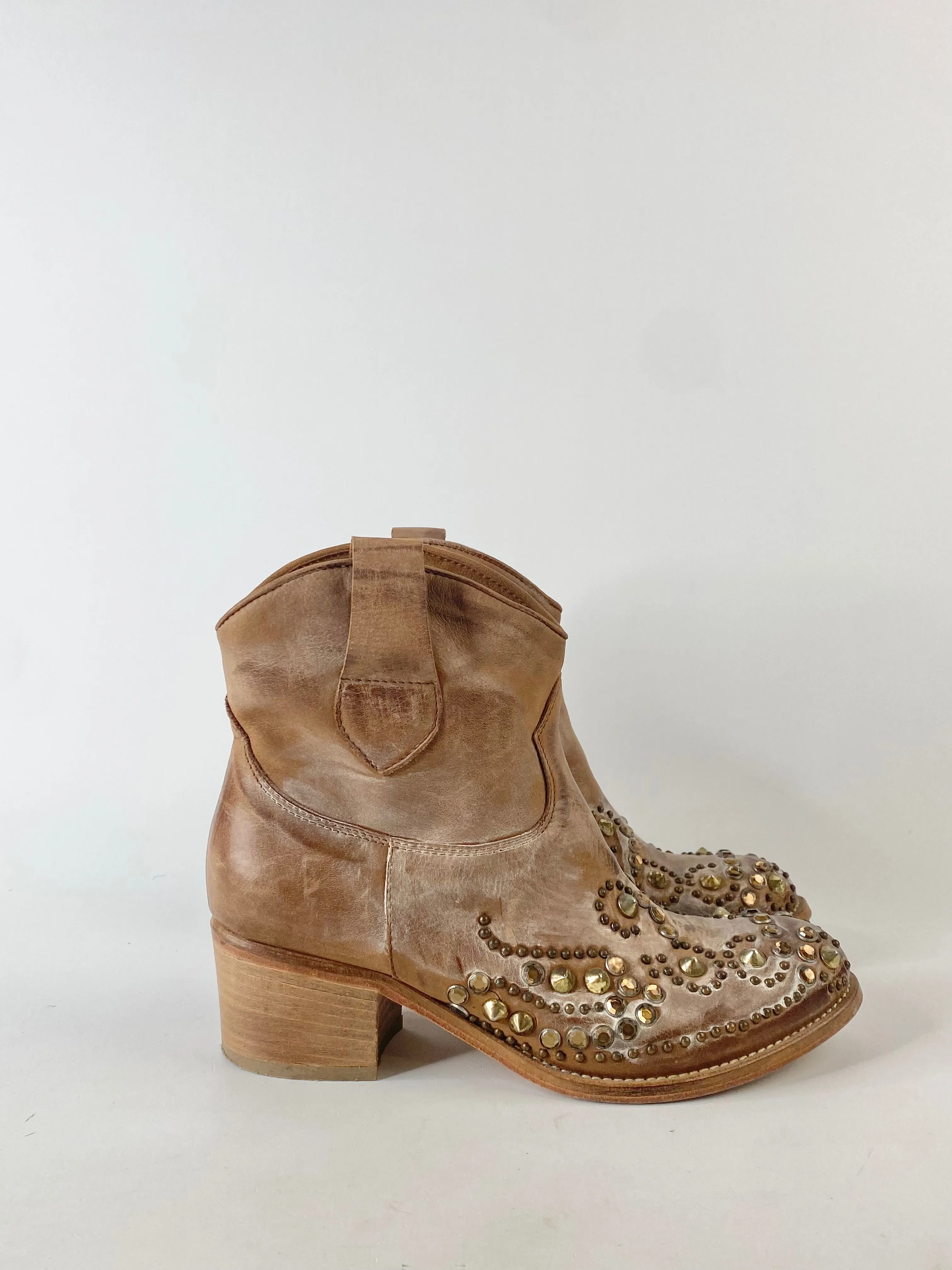 Atelier Deep Tan Stud & Rhinestone Embossed Ankle Boots - EU37