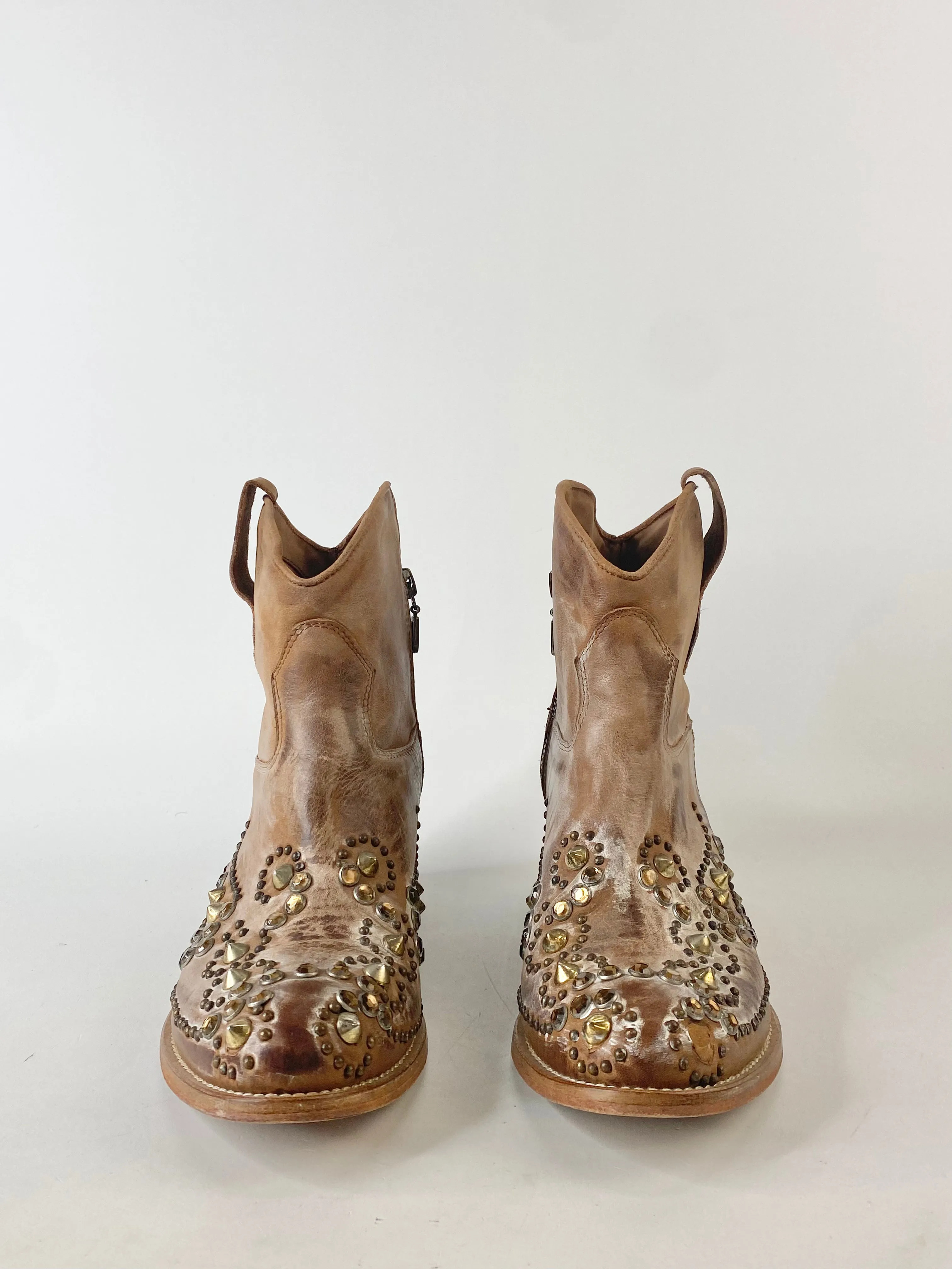 Atelier Deep Tan Stud & Rhinestone Embossed Ankle Boots - EU37