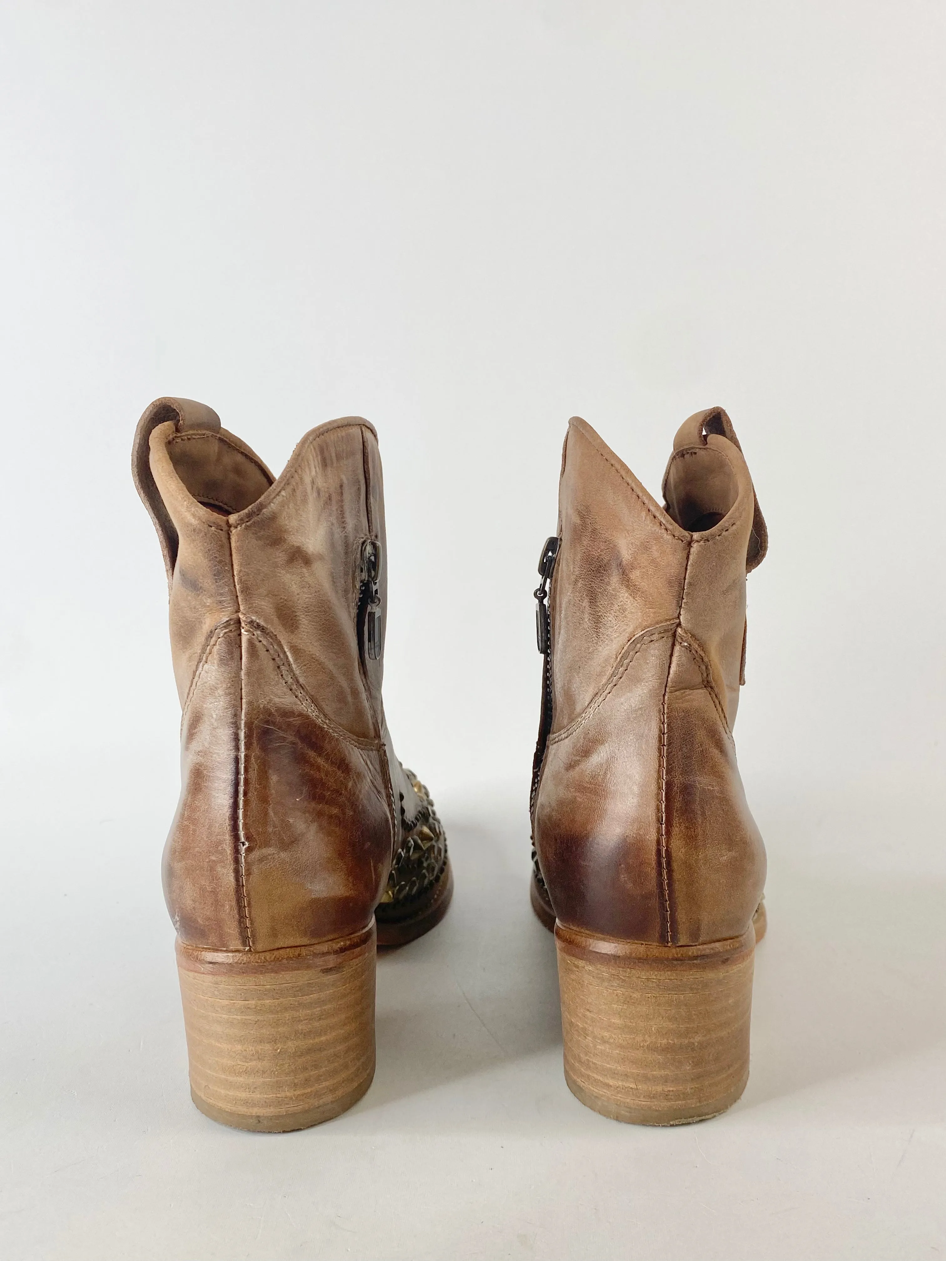 Atelier Deep Tan Stud & Rhinestone Embossed Ankle Boots - EU37