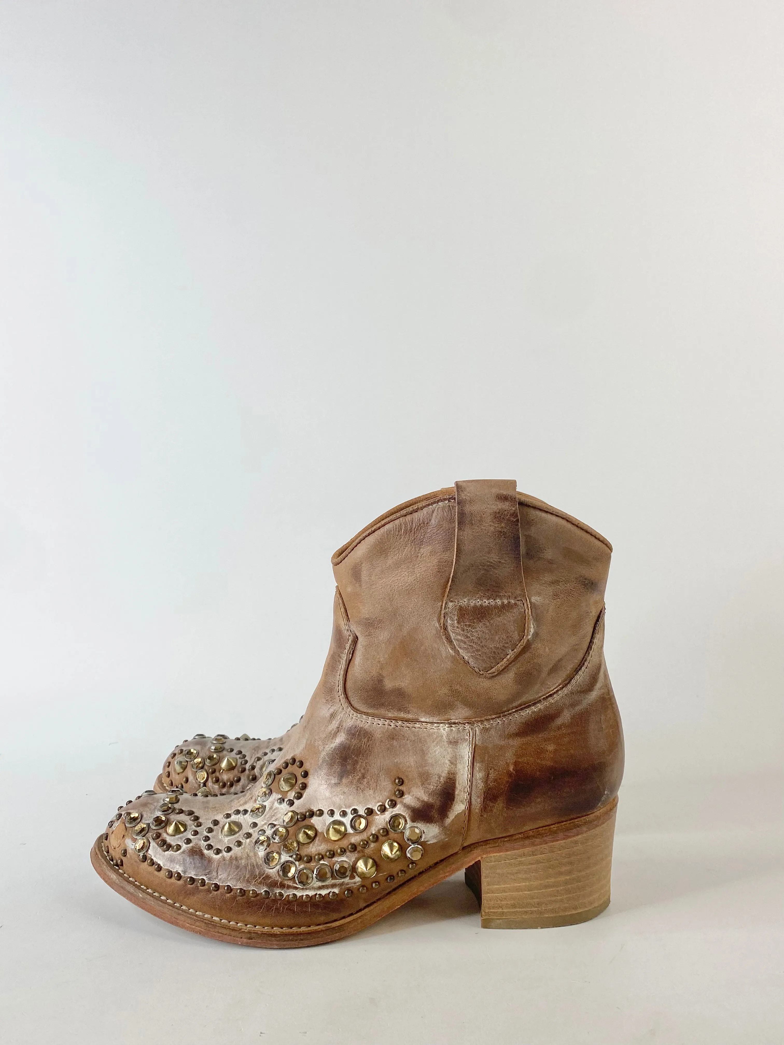 Atelier Deep Tan Stud & Rhinestone Embossed Ankle Boots - EU37