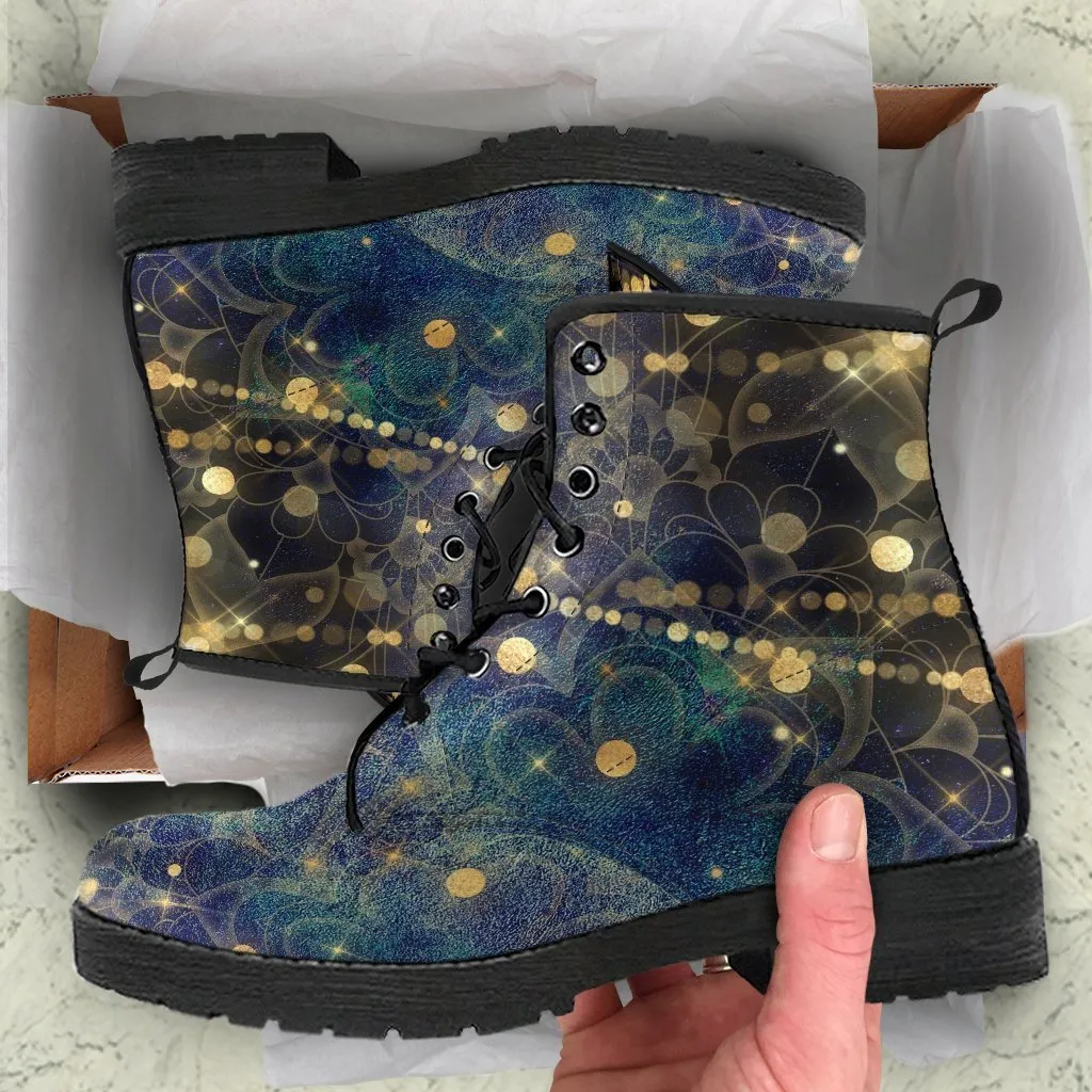 Combat Boots - Distressed Mandala Boots with Bokeh Fairy Lights | Custom Shoes, Vegan Shoes, 90s Boots, Hippie Boots, Women's Boots