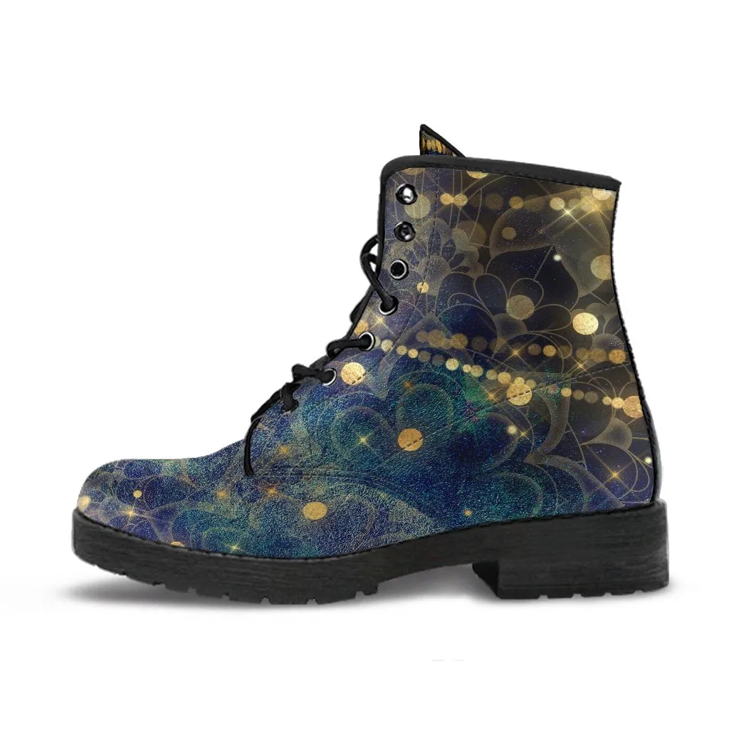 Combat Boots - Distressed Mandala Boots with Bokeh Fairy Lights | Custom Shoes, Vegan Shoes, 90s Boots, Hippie Boots, Women's Boots