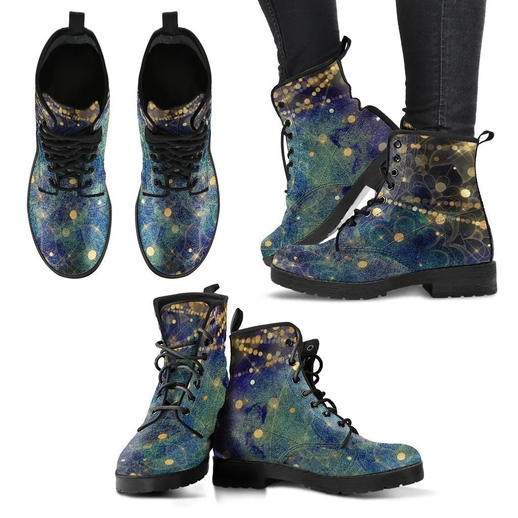 Combat Boots - Distressed Mandala Boots with Bokeh Fairy Lights | Custom Shoes, Vegan Shoes, 90s Boots, Hippie Boots, Women's Boots