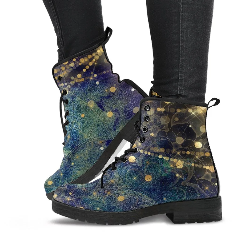 Combat Boots - Distressed Mandala Boots with Bokeh Fairy Lights | Custom Shoes, Vegan Shoes, 90s Boots, Hippie Boots, Women's Boots