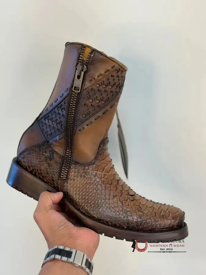 CUADRA SHORT BOOTS PYTHON BROWN LASER & WOVEN ROUND TOE