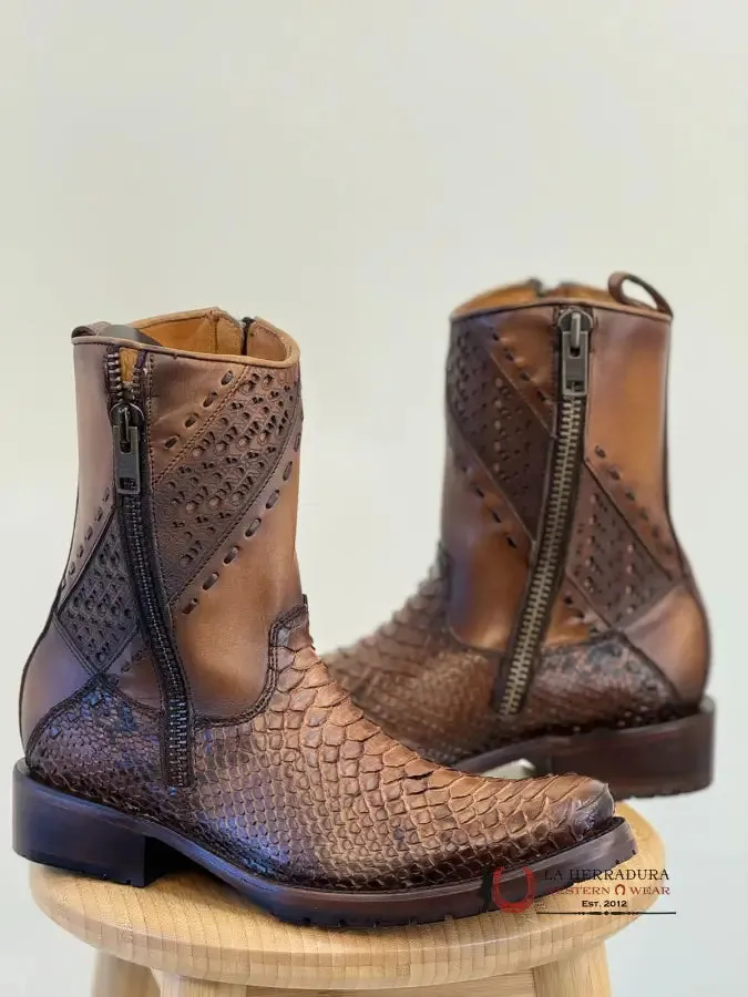 CUADRA SHORT BOOTS PYTHON BROWN LASER & WOVEN ROUND TOE