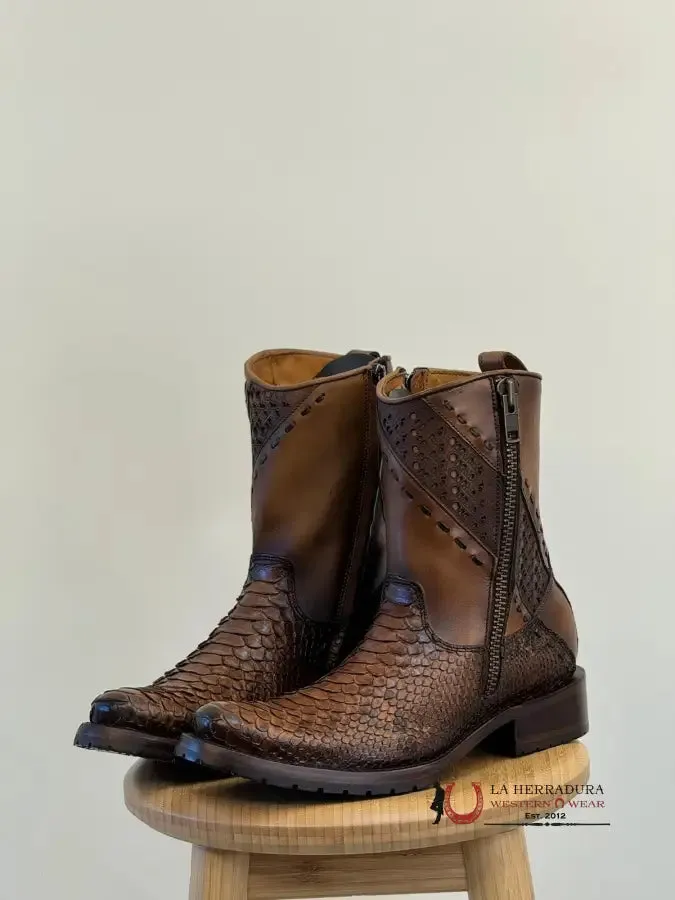 CUADRA SHORT BOOTS PYTHON BROWN LASER & WOVEN ROUND TOE