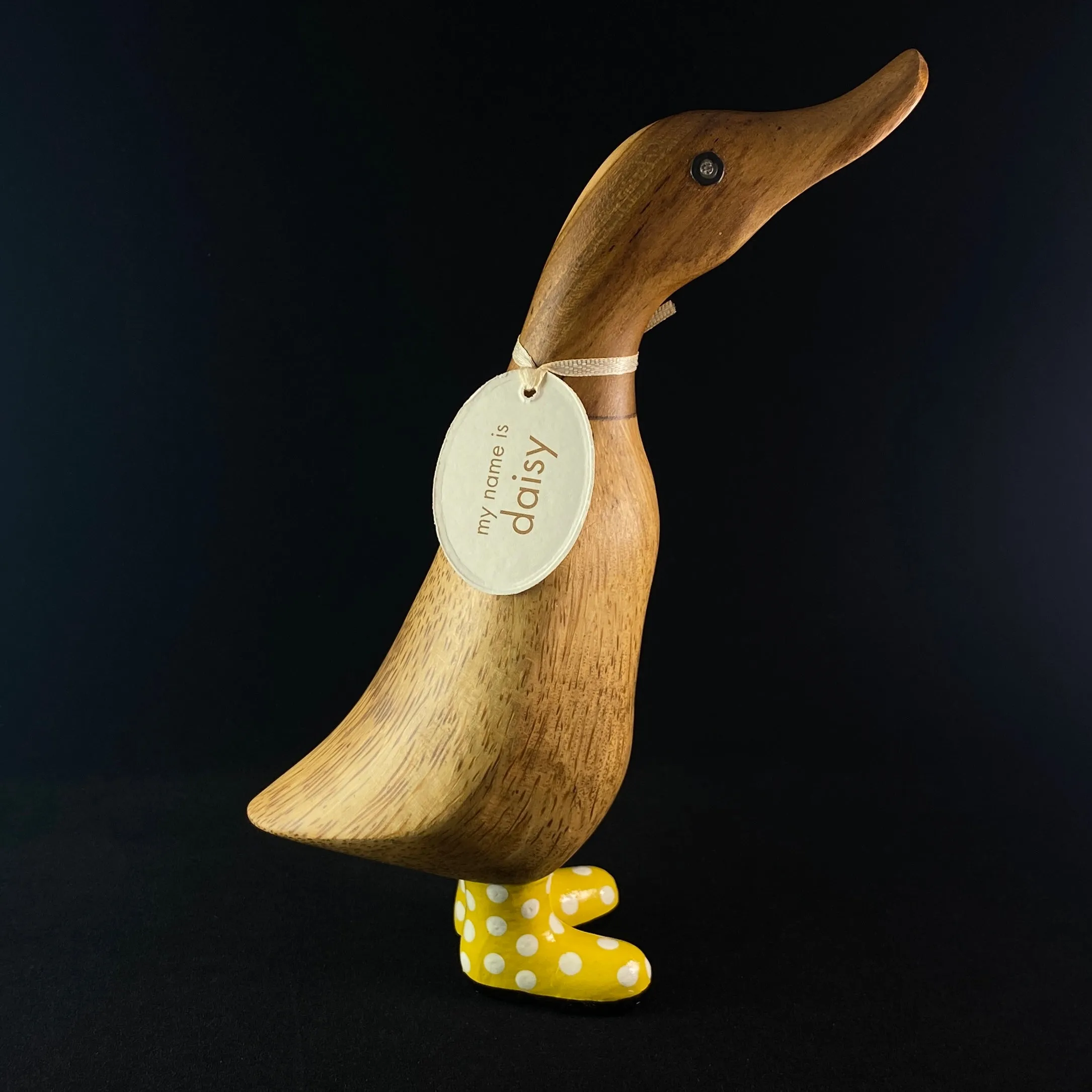 Daisy - Hand-carved and Hand-painted Bamboo Duck with Polka Dot Boots