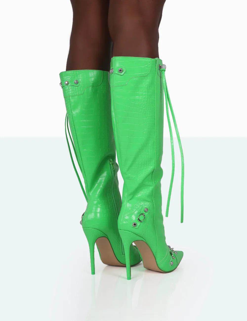 Davina Lime Green Croc Pointed Toe Zip Detail Knee High Boots