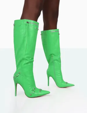 Davina Lime Green Croc Pointed Toe Zip Detail Knee High Boots