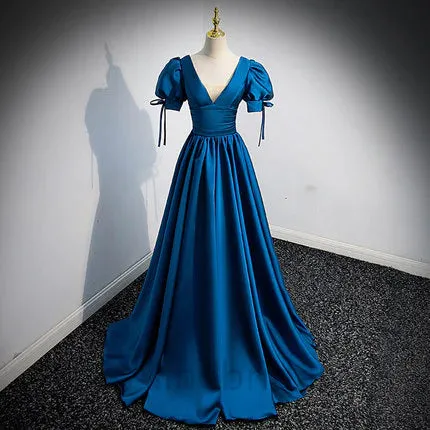 Elegant V-neck Short Sleeves A-line Floor length Prom Dress, PD3704