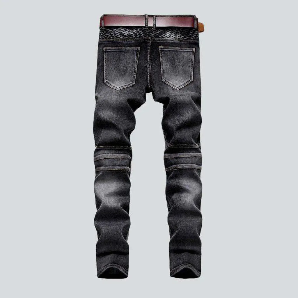 Embroidered grey biker men's jeans