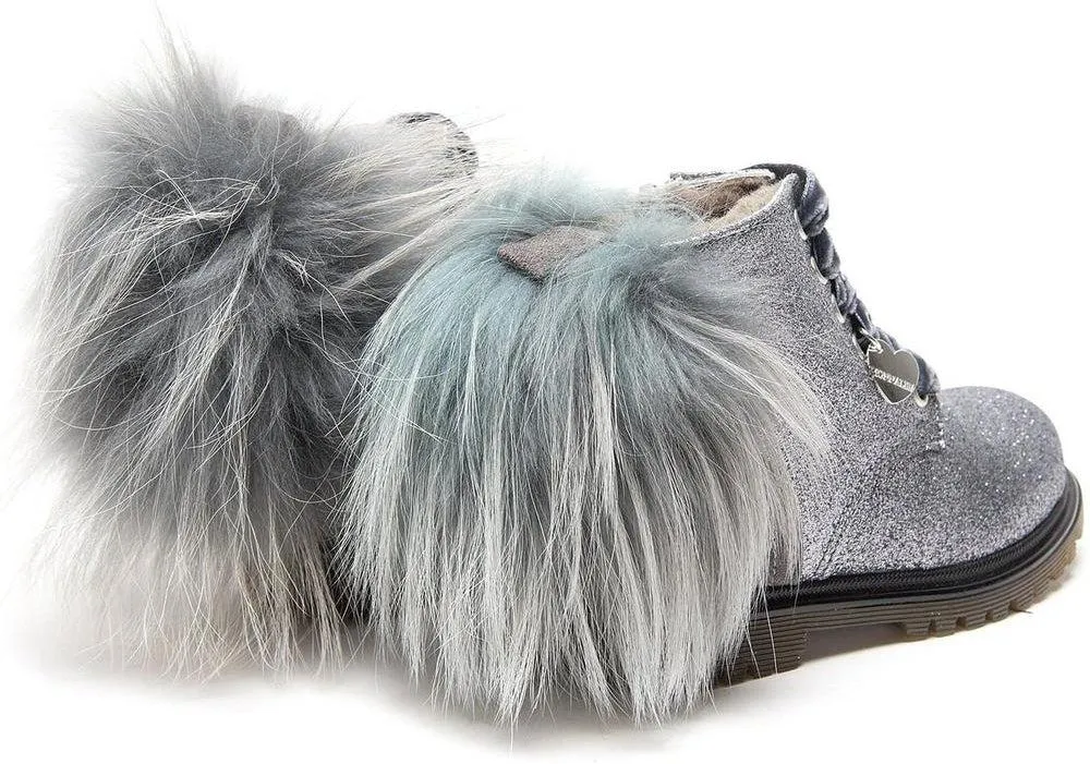 Girls Grey Glitter Fur Pom Pom Boots