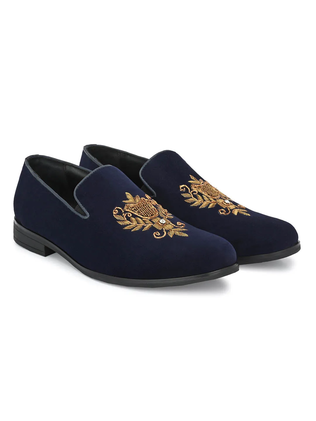 Hitz Men's Blue Slip-On Ethnic Embroidery Shoes