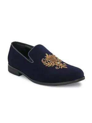 Hitz Men's Blue Slip-On Ethnic Embroidery Shoes