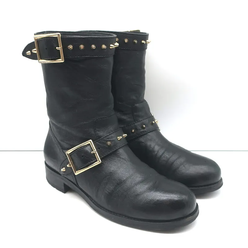 Jimmy Choo Dash Biker Boots Black Studded Leather Size 39