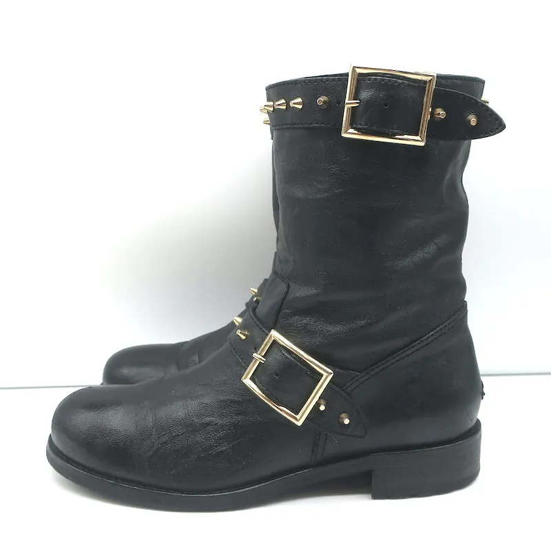 Jimmy Choo Dash Biker Boots Black Studded Leather Size 39