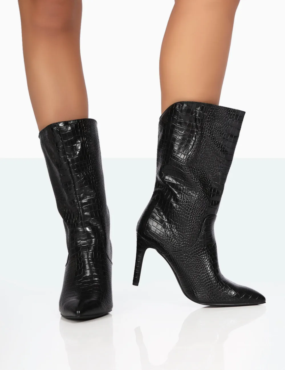 Lisel Wide Fit Black Croc PU Pointed Toe Stiletto Heeled Ankle Boots