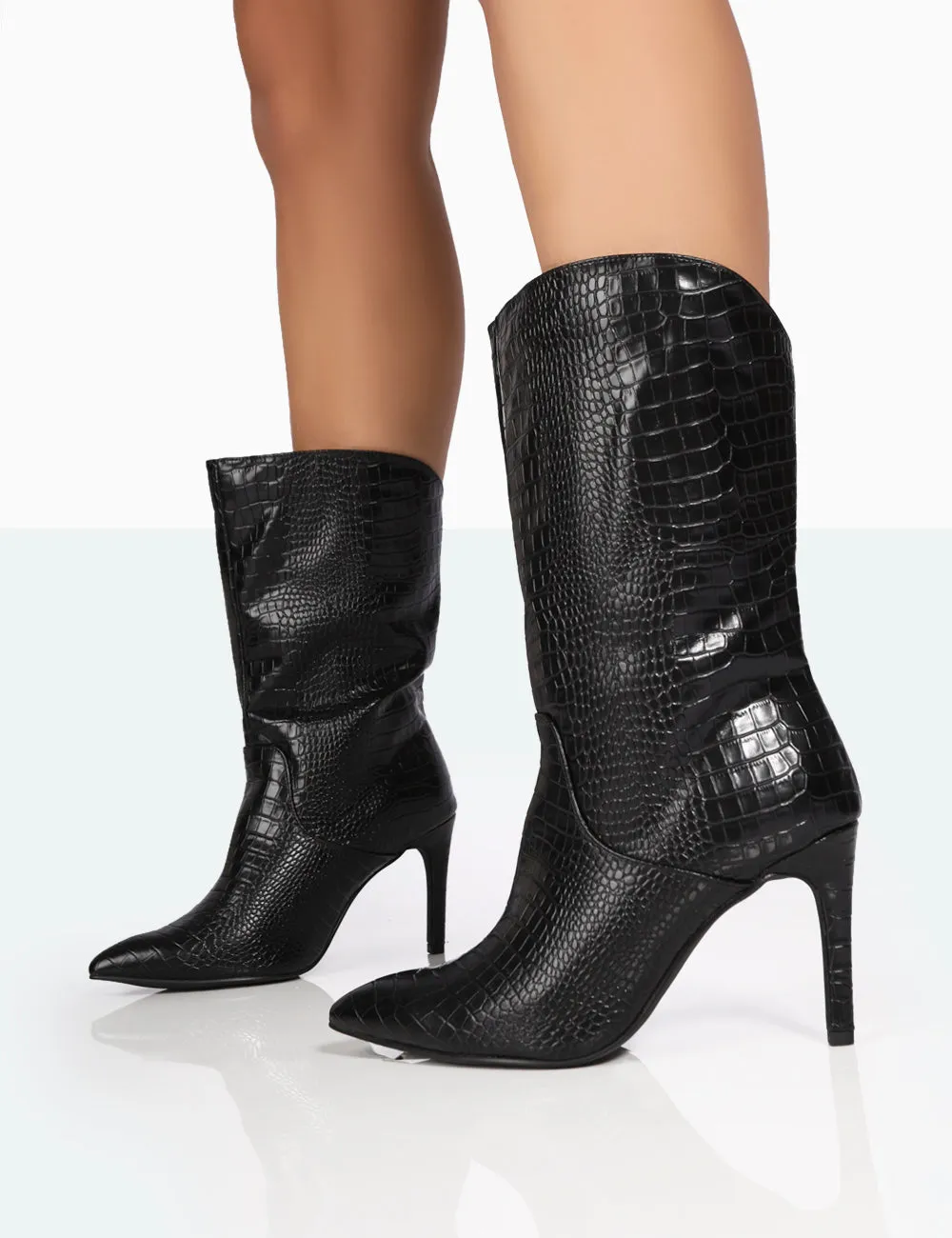 Lisel Wide Fit Black Croc PU Pointed Toe Stiletto Heeled Ankle Boots