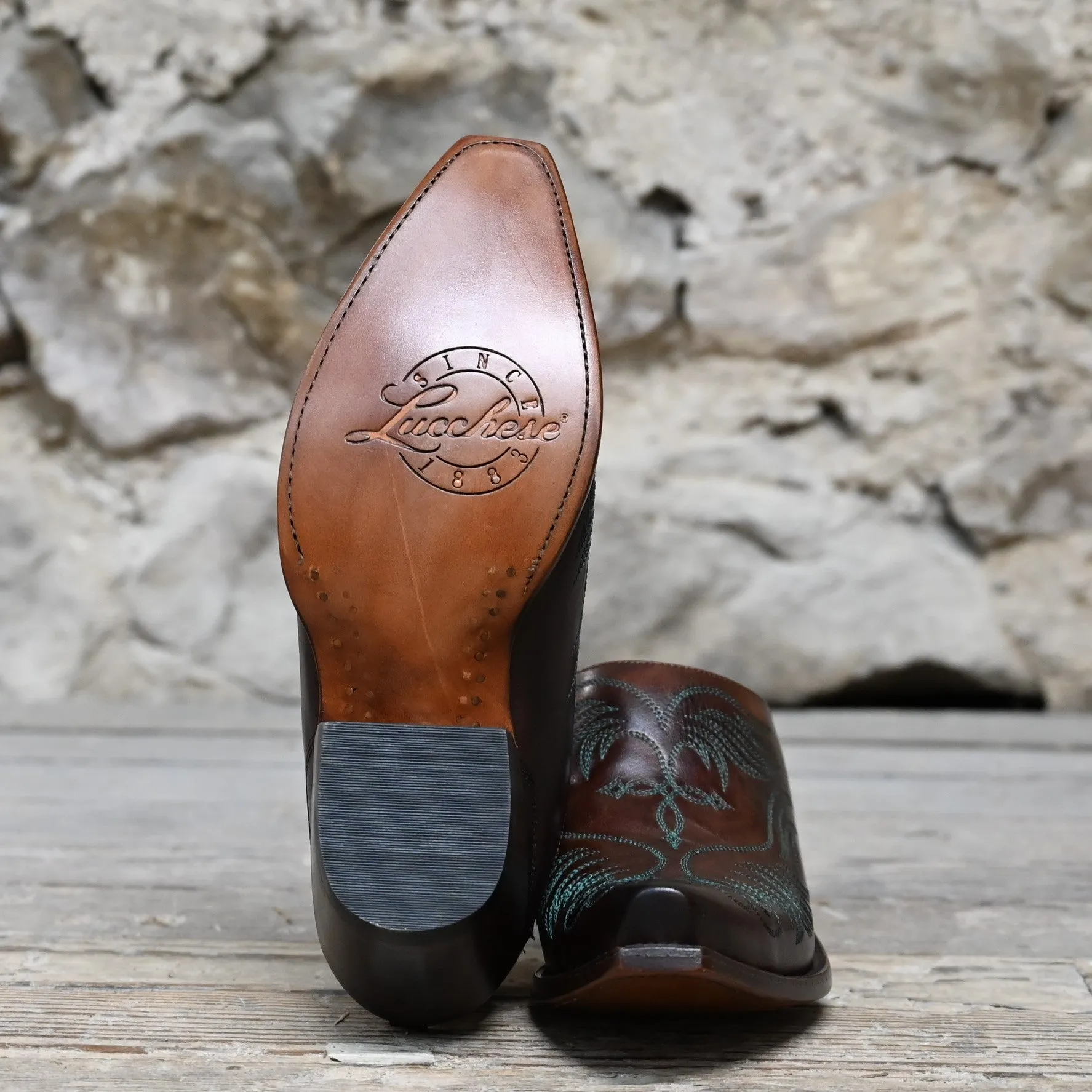 Lucchese Ladies Western Mule (slide) In Burgundy W/Turquoise Stitching