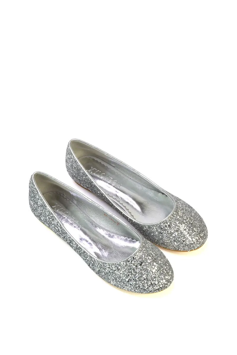MALEFICENT FLAT BLOCK HIGH HEELED SLIP ON BALLERINA PUMP SHOES IN SILVER GLITTER