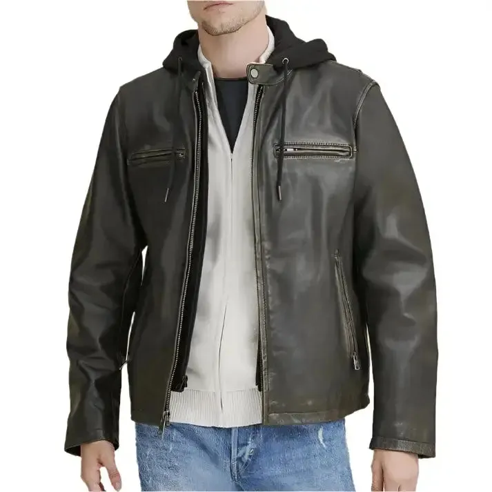 Men's Hooded Biker Leather Jacket – Stylish & Durable