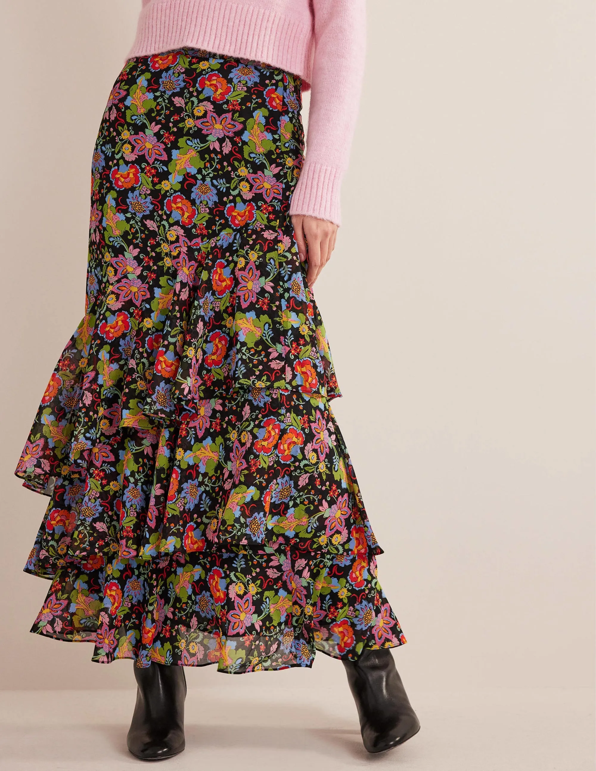 Multi Ruffle Maxi Skirt-Black, Carnation Garden