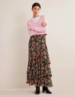 Multi Ruffle Maxi Skirt-Black, Carnation Garden