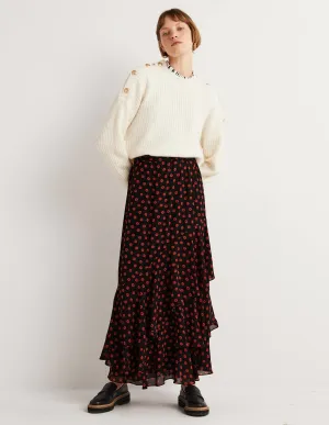 Multi Ruffle Maxi Skirt-Black, Petunia Bud