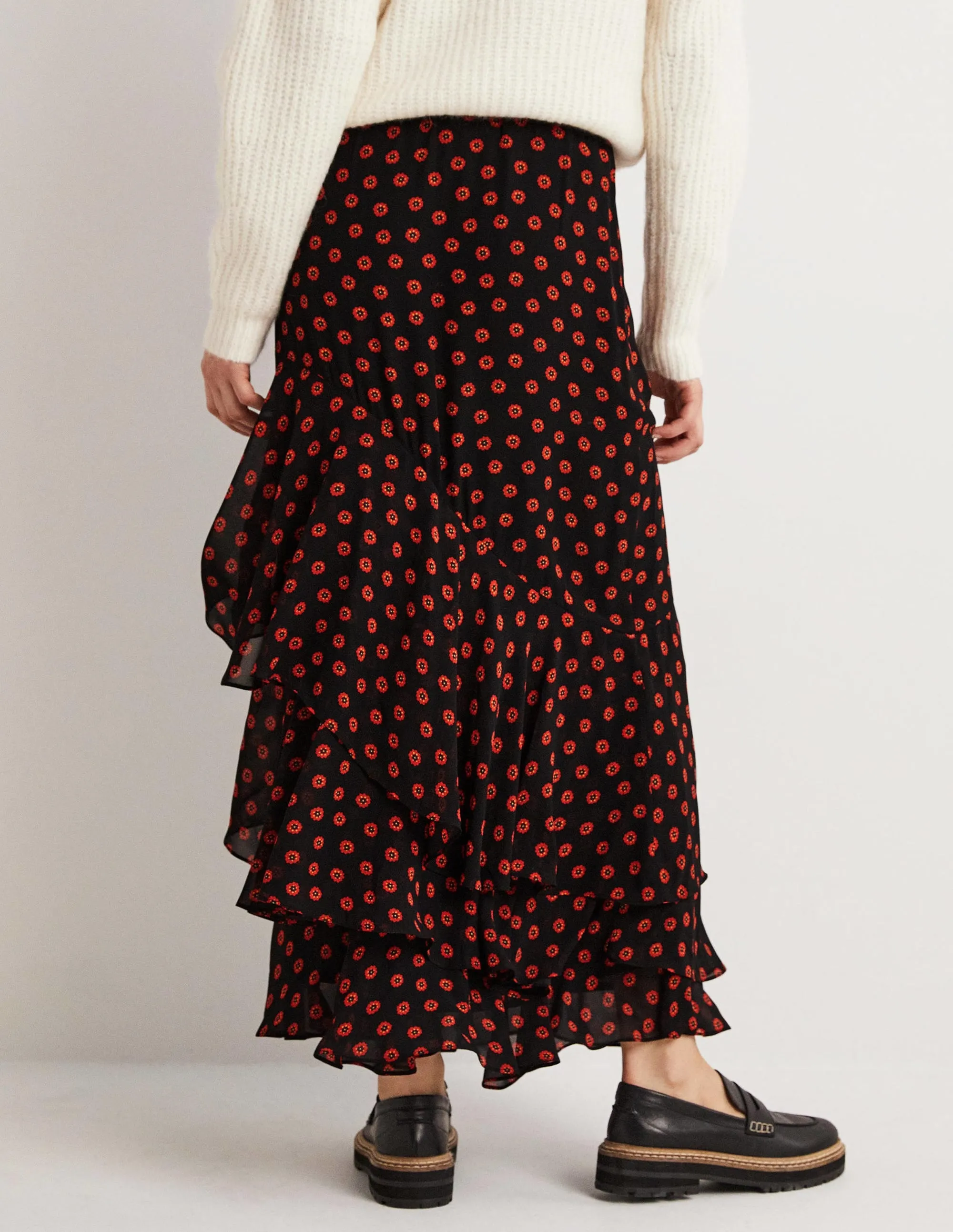 Multi Ruffle Maxi Skirt-Black, Petunia Bud