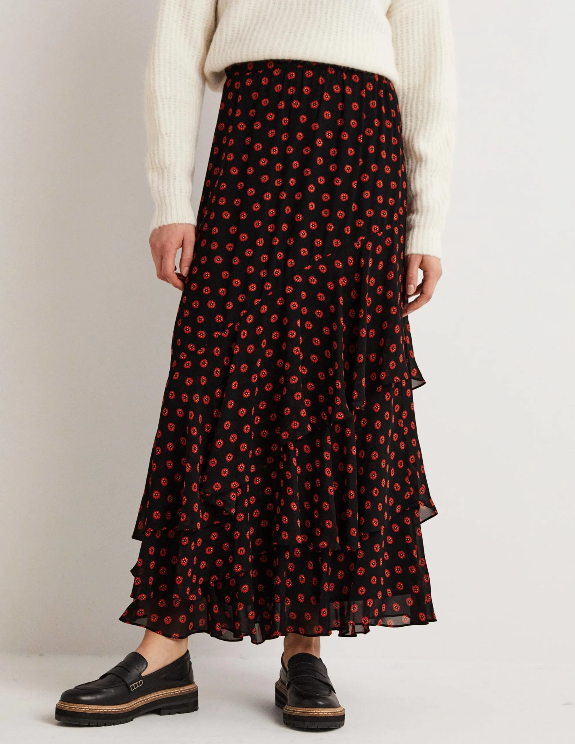 Multi Ruffle Maxi Skirt-Black, Petunia Bud