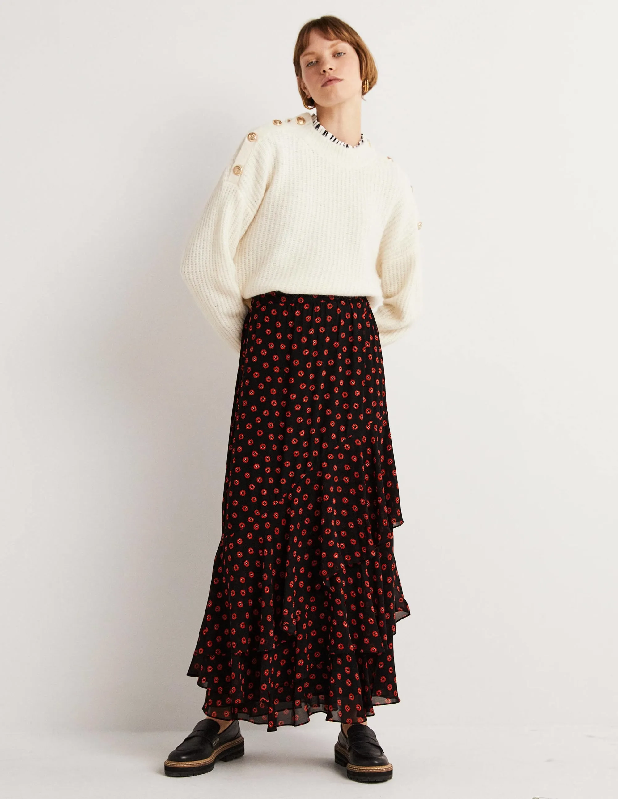 Multi Ruffle Maxi Skirt-Black, Petunia Bud