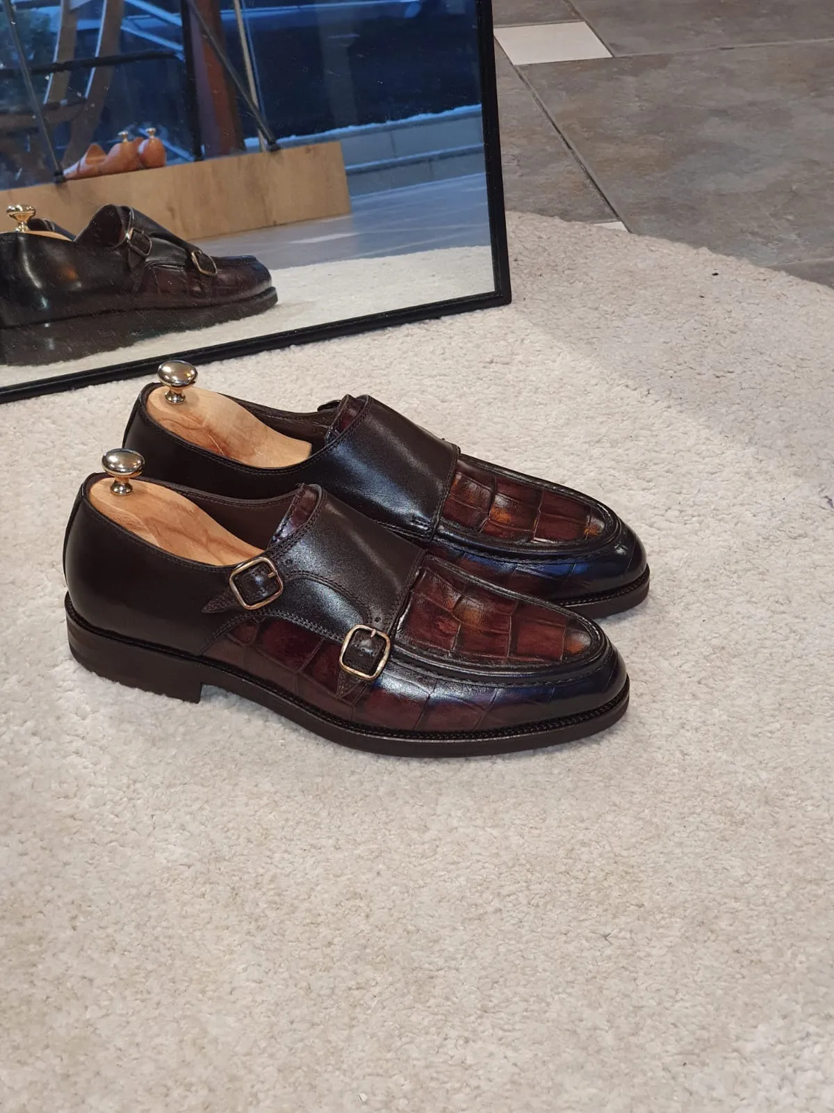 Ralph Sardinelli Special Edition Double Buckle Croc Brown Leather Shoes