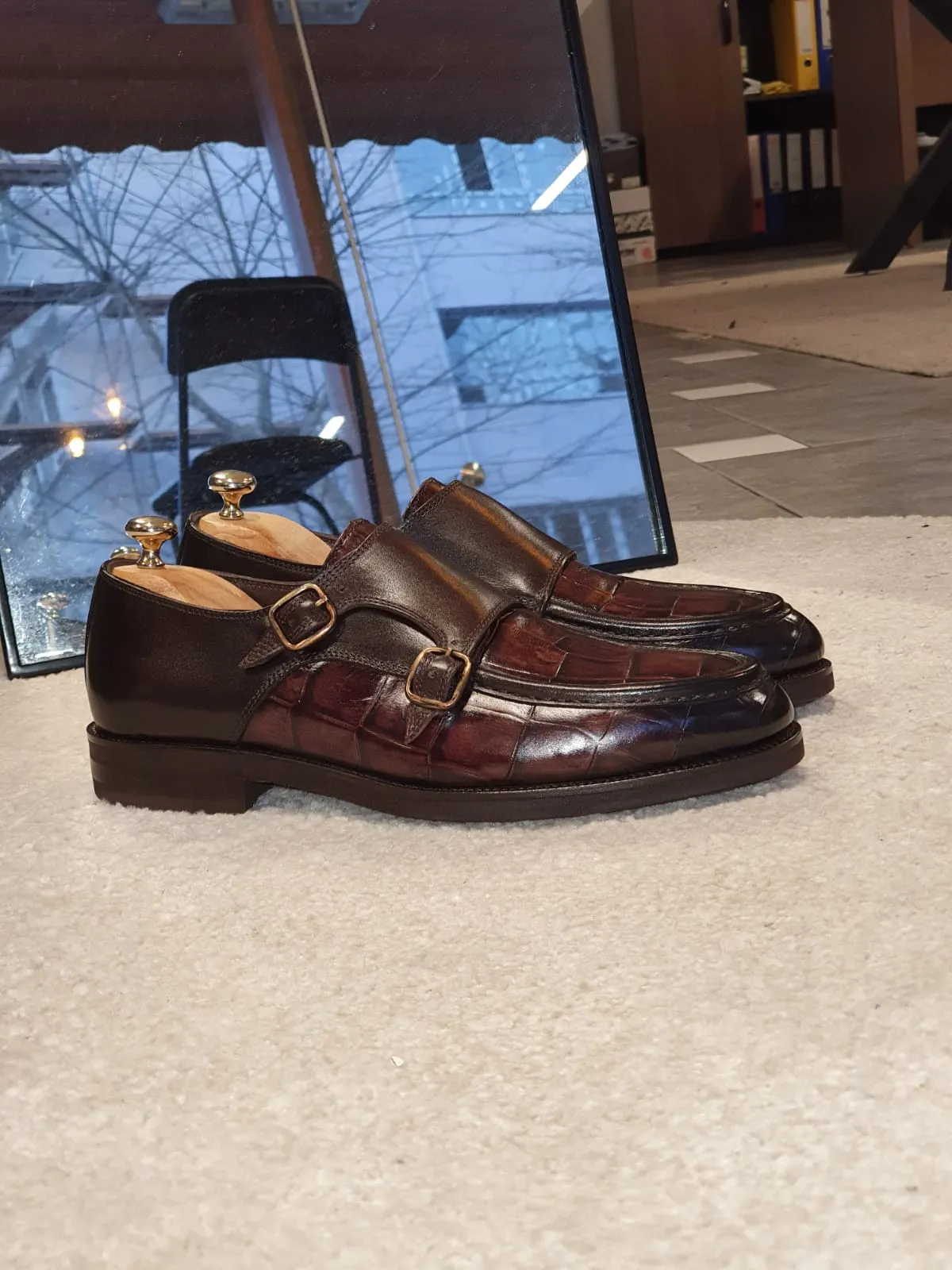 Ralph Sardinelli Special Edition Double Buckle Croc Brown Leather Shoes