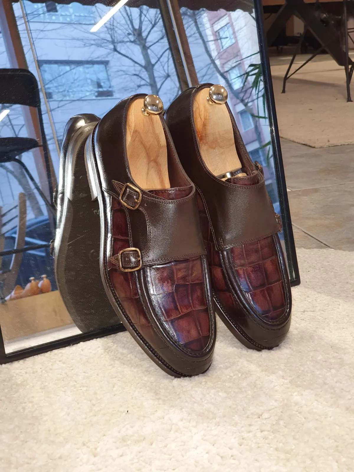 Ralph Sardinelli Special Edition Double Buckle Croc Brown Leather Shoes