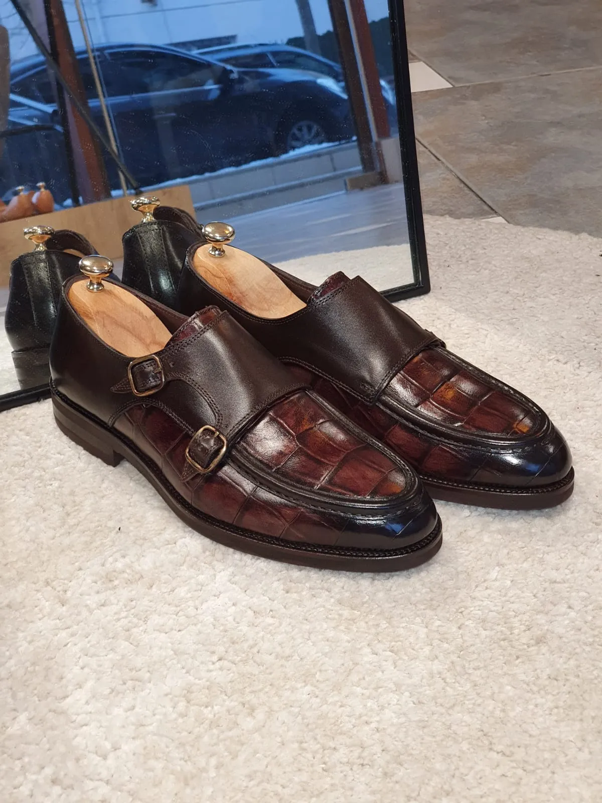 Ralph Sardinelli Special Edition Double Buckle Croc Brown Leather Shoes