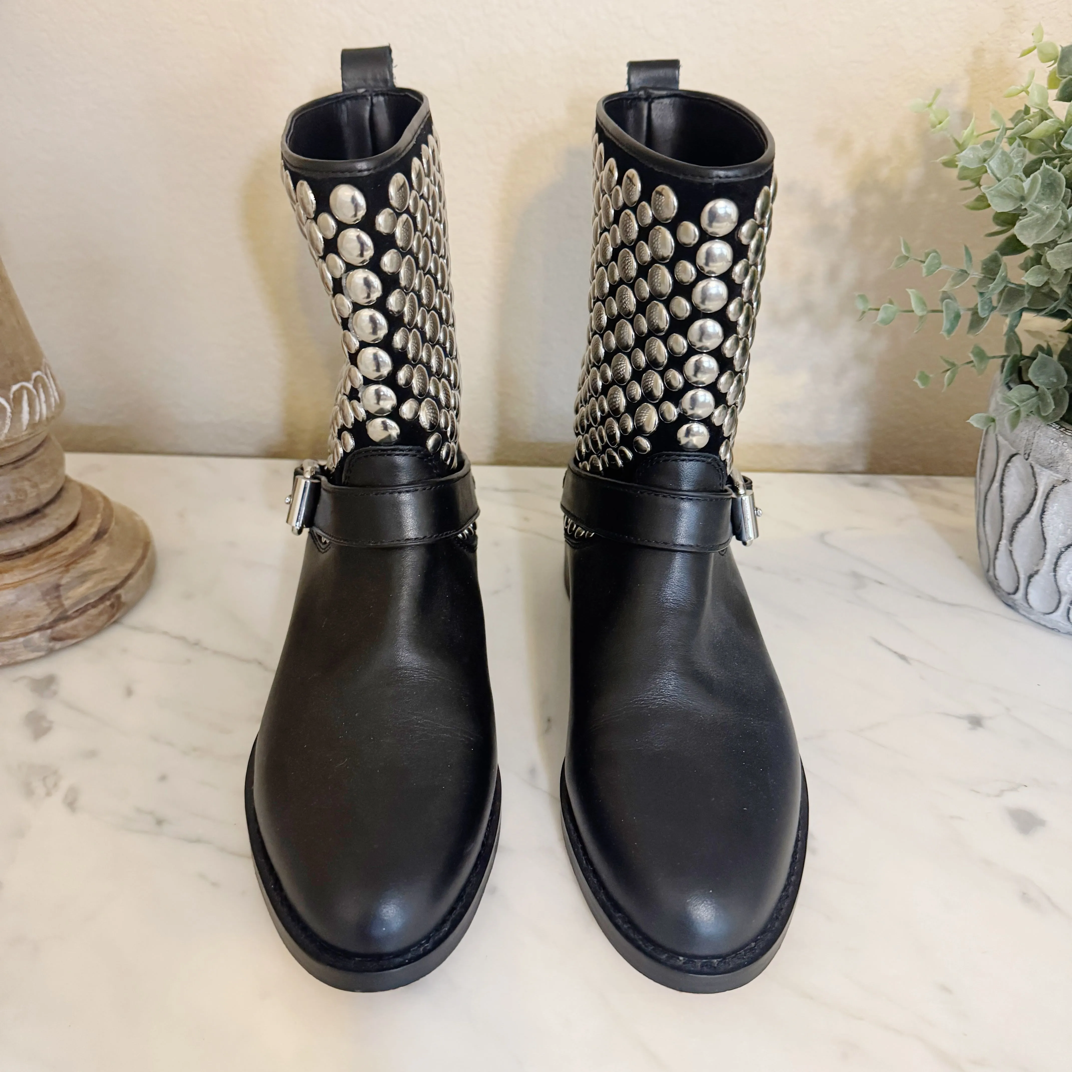 Rebecca Minkoff | Women's Black Leather Studded Moto Boots | Size: 7.5
