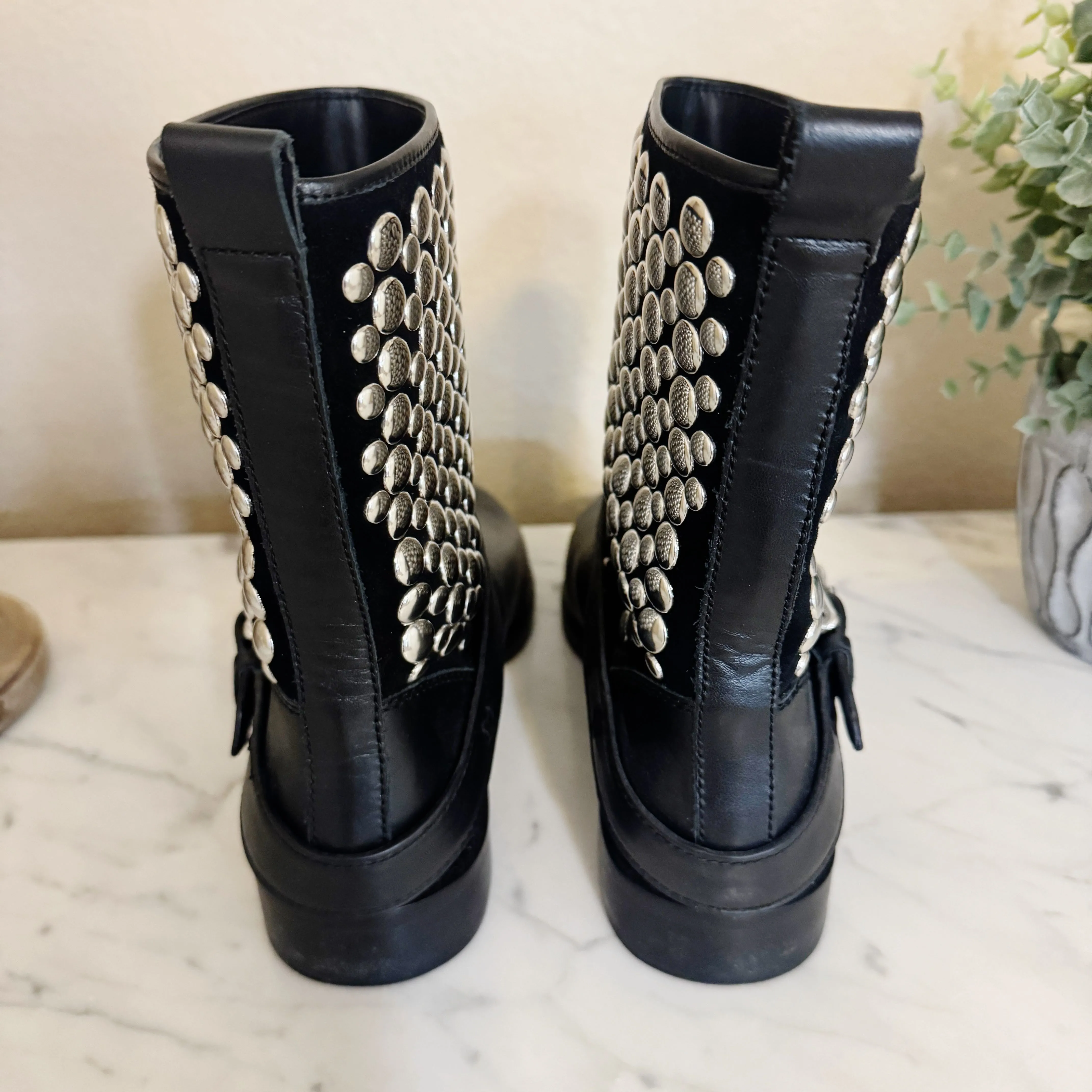 Rebecca Minkoff | Women's Black Leather Studded Moto Boots | Size: 7.5