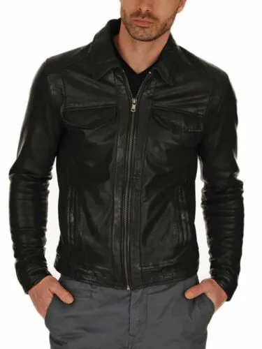 Rio Genuine Real Leather Jacket Men Black Biker Motorcycle
