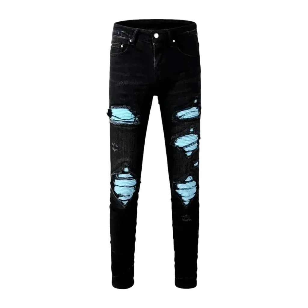 Skinny distressed patchwork motorcycle men's jeans